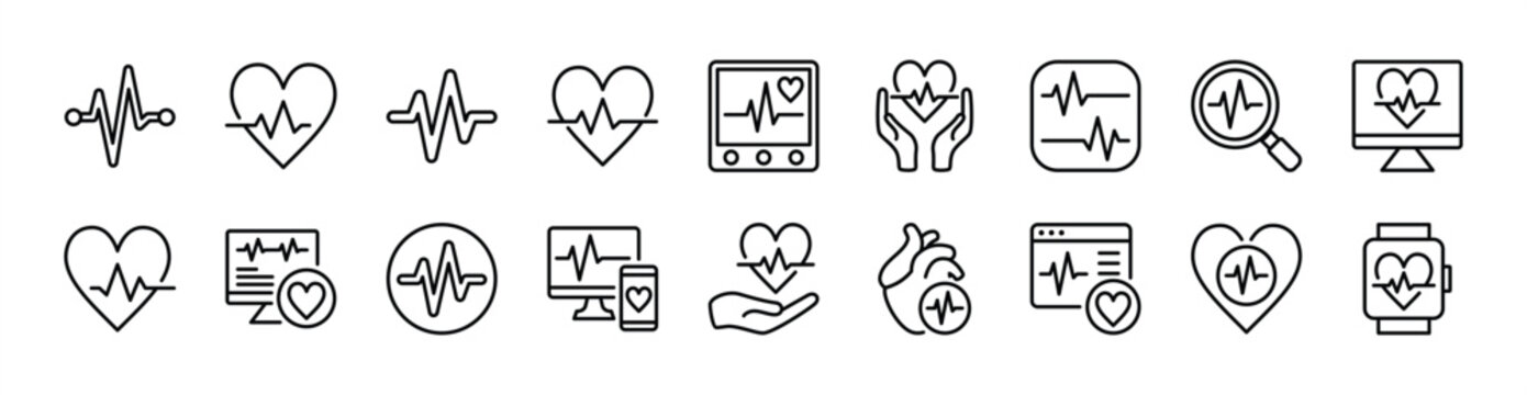 Pulse icon set. Heartbeat sign and symbol. Beat, wave, rhythm, rate of heart. Contains healthy pulse, digital medical exam, cardiac, love, health care, monitoring technology - vector illustration
