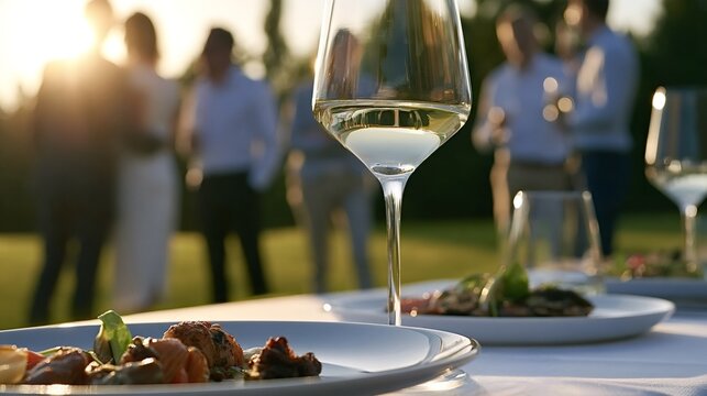 Guests socialize at an outdoor dinner gathering, celebrating a special event with white wine glasses and elegantly plated food on a table as the sun sets