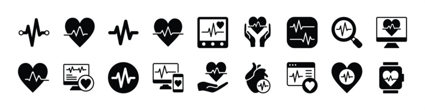 Pulse icon vector set. Heartbeat, pulse sign and symbol. Beat, wave, rhythm, rate of heart. Contains digital medical exam, healthy, health care, monitoring technology, cardiac, love - illustration