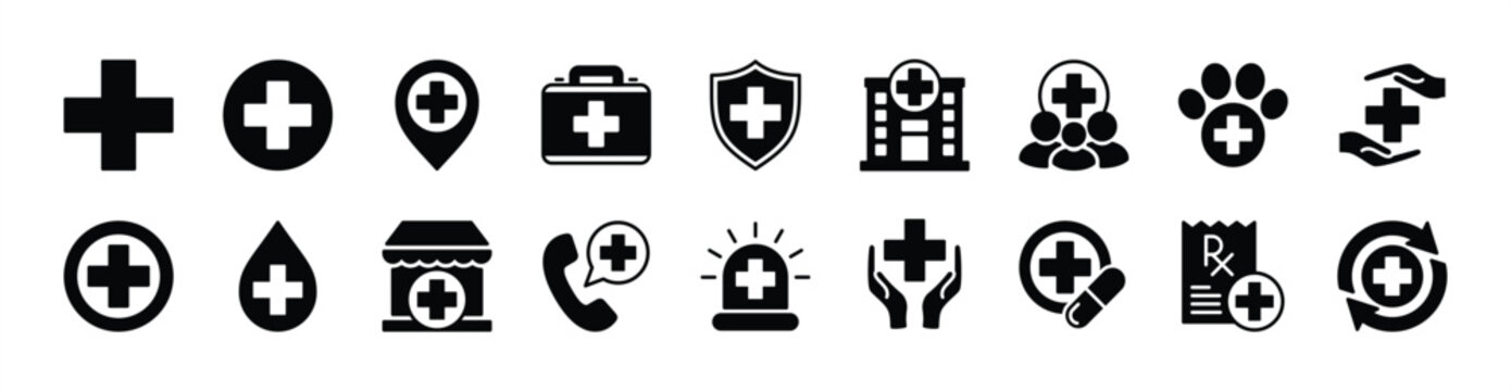 Cross icon vector set. Plus sign and symbol for medicals and healthcare, hospital, clinic, first aid kit, shield protection, blood, phone call, siren, drug, map pin location, prescription, veterinaria