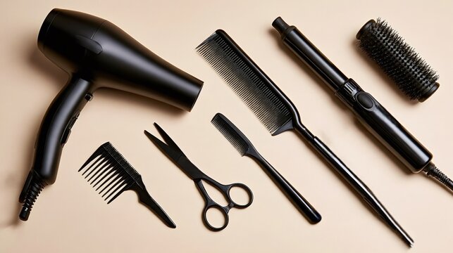 Hair styling toolshair dryer, combs, scissors, curling iron and round brushneatly arranged on a light beige surface in a modern, minimal salon flat lay for beauty professionals