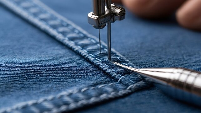 Sewing machine needle piercing blue denim fabric, creating strong stitches for clothing production and textile industry, highlighting precision and traditional craftsmanship