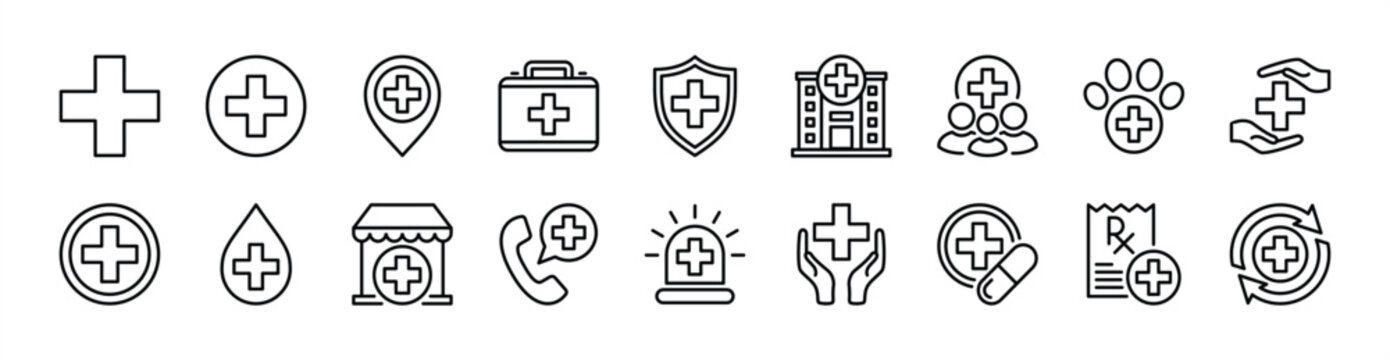 Cross icon set. Plus sign and symbol for medicals and healthcare, hospital, map pin location, first aid kit, shield protection, blood, clinic, phone, siren, drug, prescription, veterinarian - vector