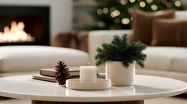 Coffee table with lit candle, pinecone and spruce branches beside a glowing fireplace and festive bokeh lights, evoking warm, cozy winter hygge atmosphere