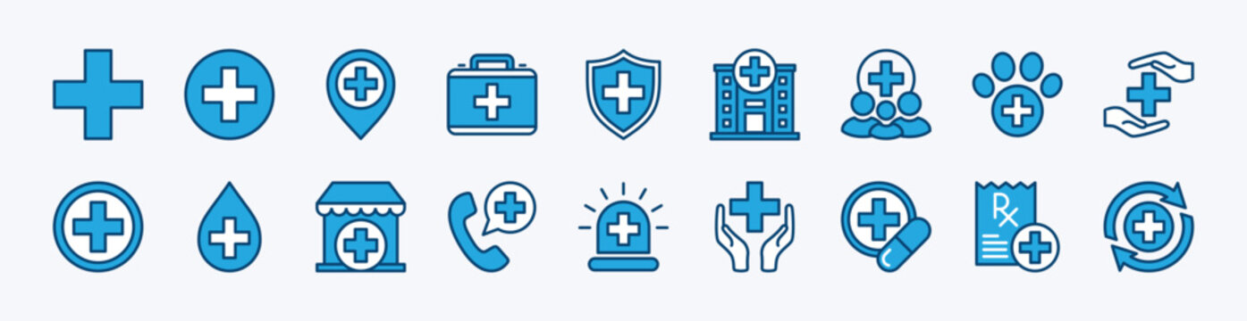 Set of cross icon. Plus sign and symbol for medicals and healthcare, hospital, clinic, first aid kit, drug prescription, blood, shield protection, phone call, siren, map pin location, veterinarian
