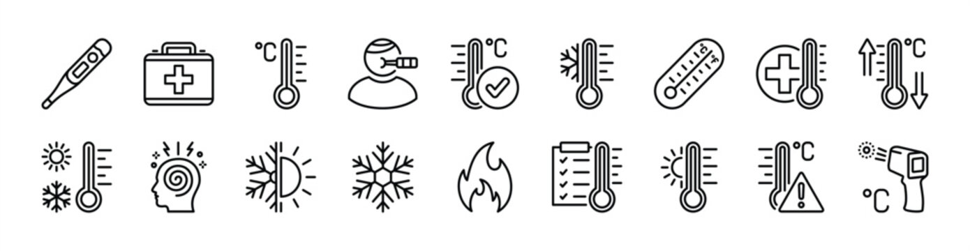 Temperature thermometer thin line icon set. Contains medical and healthcare checkup, first aid kit, hot, warm, cold, illness, dizzy, up and down, celsius warning - illustration