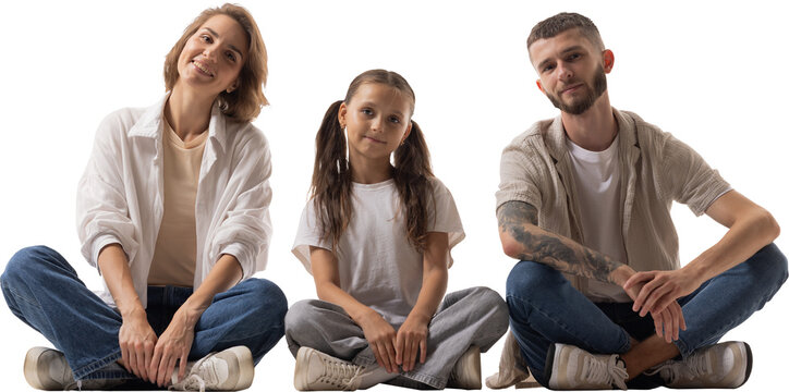Smiling family sitting cross legged and facing camera isolated on transparent background. Family insurance, healthcare services concept.