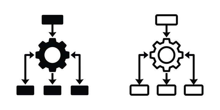 gear system diagrams showing process flow with input output connections and transparent background