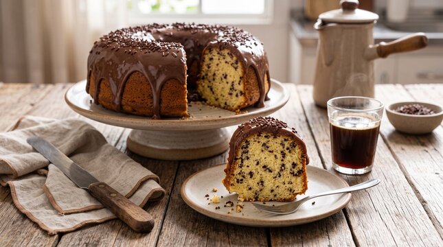 Chocolate chip cake with ganache glaze served on a rustic wooden