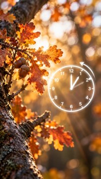 Fall back concept with golden ginkgo leaves and clock graphic against a bright autumn sunlit park background representing daylight saving time change.