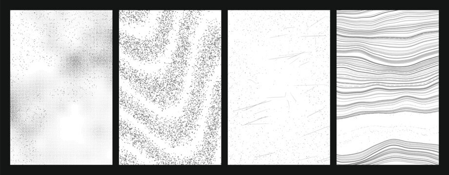 Set of four abstract monochrome posters featuring halftone dots, grainy textures, distressed scratches, and wavy parallel lines