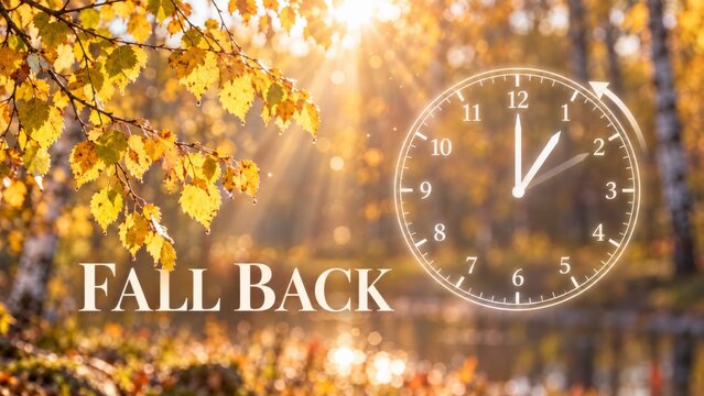 Fall back concept with golden ginkgo leaves and clock graphic against a bright autumn sunlit park background representing daylight saving time change.