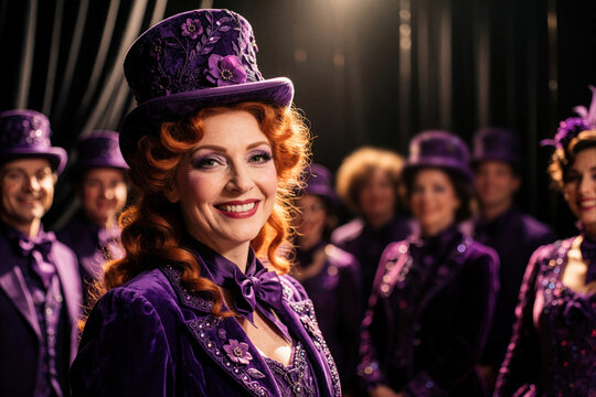 Cheerful redhead actress wears purple top hat, theatrical makeup backstage. Smiling performer poses with theater troupe in matching velvet costumes. Elegant drama cast celebrates show success behind