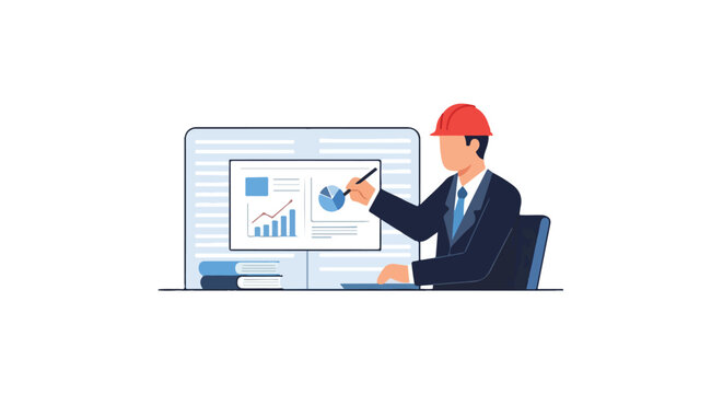 A male engineer wearing a red hard hat points at financial data and analytics charts on a large screen.