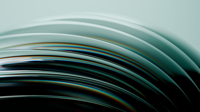 Futuristic Dark Green Liquid Metal Wallpaper with Layered Curved Lines, Glossy Surfaces and Soft Aqua Lighting