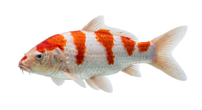 Orange-and-white koi carp isolated against black with detailed scales and flowing fins