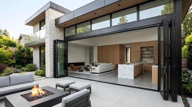Modern luxury house with outdoor patio, fireplace, and large glass doors.