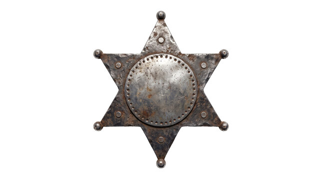 Old rusty metal sheriff badge with six points and vintage texture