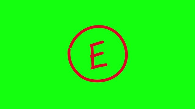 Animation of the letter 'E' in a handwritten style, enclosed within a circle; suitable for grading purposes and other needs, green background, 4K video.