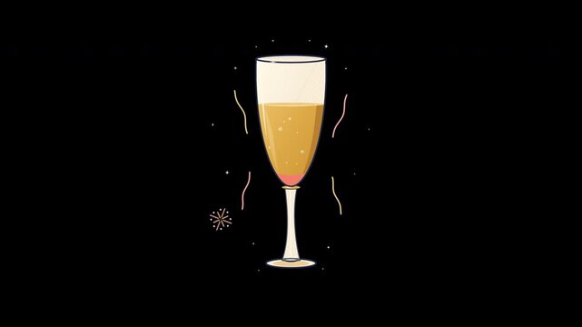 Refined champagne flute with smooth golden liquid, effervescent bubbles, and festive New Year ornaments. Seamless 6s 4K 60fps alpha animation.