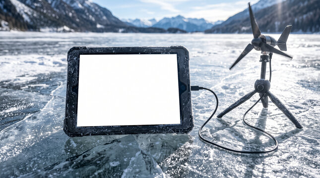 tablet with blank screen and mini wind turbine stand on frozen lake in winter mountains