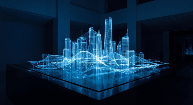  Holographic city model illustration with glowing blue wireframe skyscrapers on dark table
