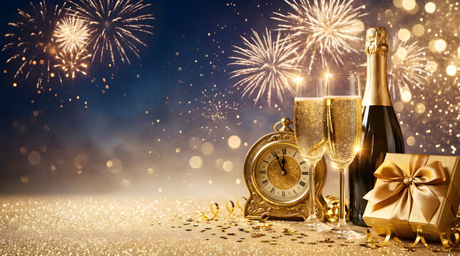 Champagne glasses clock and gift box celebrate a new year s eve