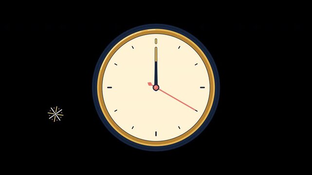 Isolated midnight clock with sweeping second hand, festive fireworks bursts, and rim highlights. Seamless six-second 4K 60fps alpha animation.