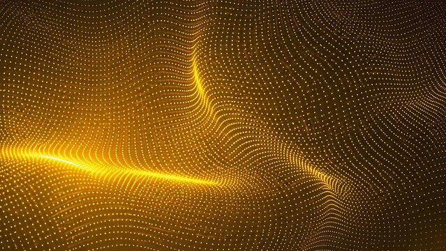 Abstract golden wave pattern made of small glowing dots on a dark background for modern technology design