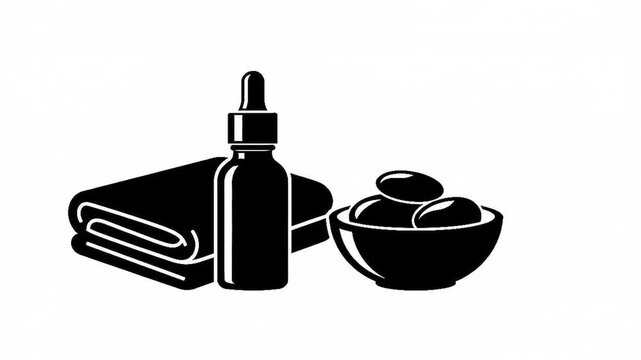 Essential oil dropper bottle with folded towel and spa stones vector icon set isolated on white background