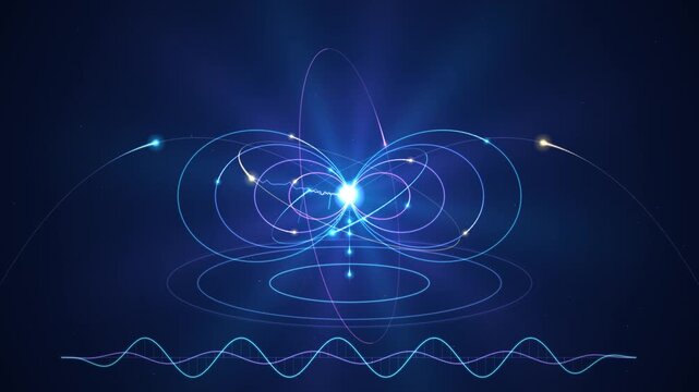 Abstract glowing atomic particle energy field with magnetic waves during scientific visualization