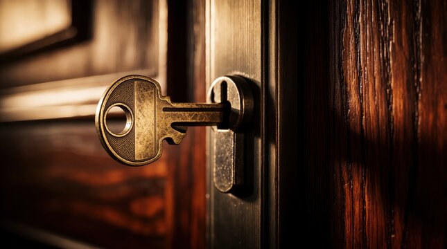 Close up of metal key in door lock. Brass key stays inside wooden door lock for home security. Concept of private access, safety, property ownership risk of burglary. Secure entrance to house office