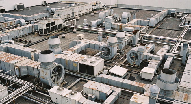 : Rooftop havoc photo with rusty ventilation ducts exhaust fans and cooling units on factory

