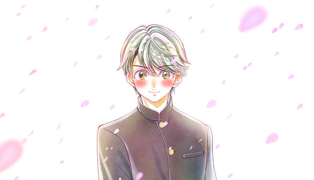 学ランの男子学生　笑顔　赤面　桜吹雪