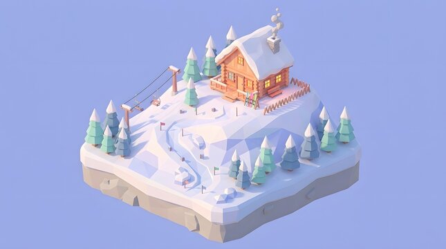 Charming winter chalet nestled in a snowy landscape surrounded by low poly pine trees and gentle illumination.