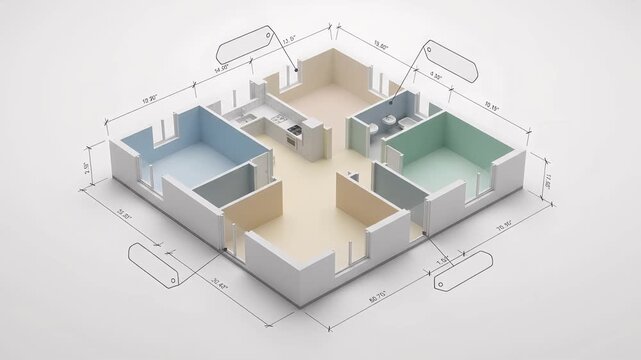 3D Floor Plan Architectural Blueprint Animated Construction View of Modern Apartment Layout, Interior Design Engineering Building Structure Motion Graphic Video Presentation Project Background Idea