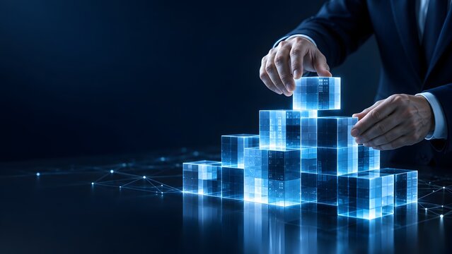 Businessman hands stacking glowing digital blocks representing corporate strategy and modular system integration