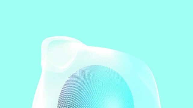 Geometric dotted sphere and curved wireframe mesh rise against a bright mint green background with soft illumination in a 3D animation seamless loop