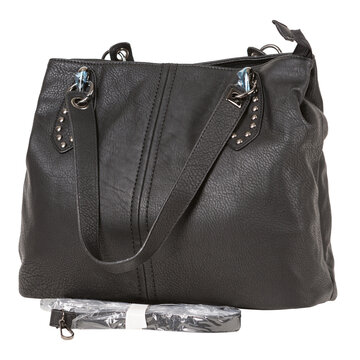 Black leather womens hobo tote handbag with shoulder strap isolated on white background