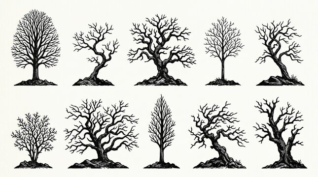 Collection of vintage woodcut style trees in various shapes and sizes isolated on white