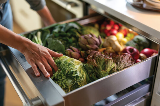 A beautifully filled modern fridge drawer with assorted vegetables, promoting a healthy lifestyle and encouraging nutritious cooking by offering visual inspiration and convenience.
