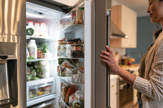 An open refrigerator displaying well-organized shelves filled with various food items, emphasizing the importance of cleanliness, efficiency, and accessibility in meal preparation.