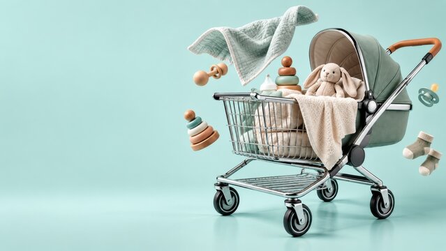 Baby Stroller And Nursery Essentials Inside Shopping Cart On Mint