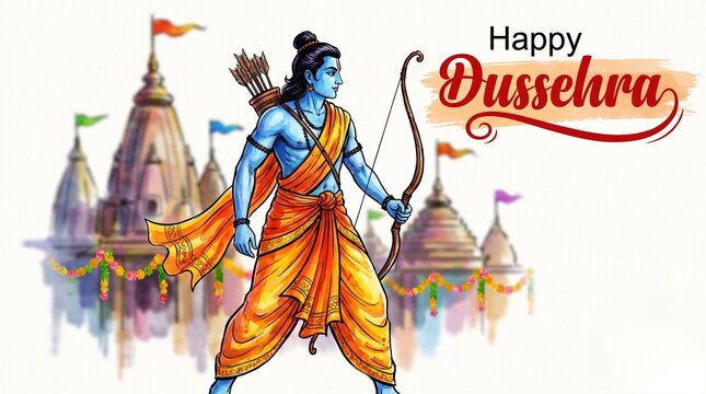 Happy dussehra watercolor style greeting card featuring blue skinned warrior with bow and quiver and temple silhouette