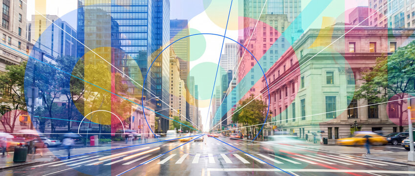 Pedestrians with umbrellas and yellow taxis on wet city avenue under translucent pastel circles
