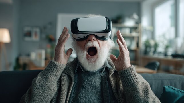 Elderly man wearing virtual reality headset with open mouth and raised hands in a cozy contemporary living room, immersive technology portrait