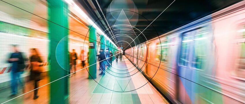 Commuters waiting on subway platform as train speeds past with concentric circles and triangle