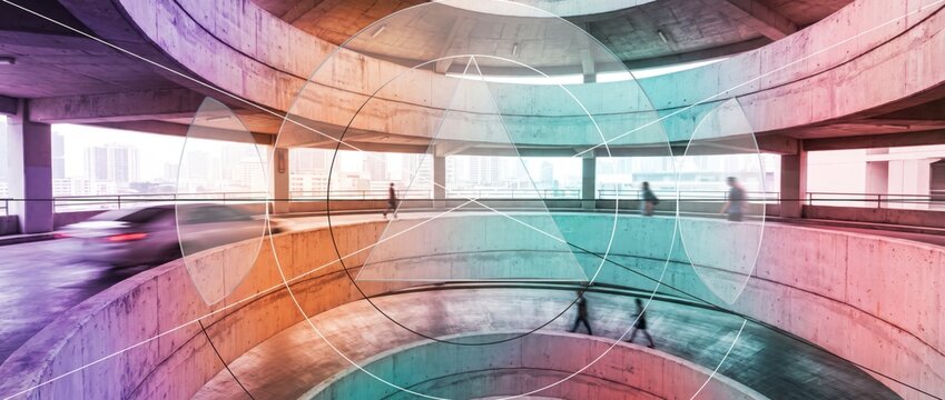 Spiral parking ramp with pedestrians and passing car under translucent circles and triangle overlay