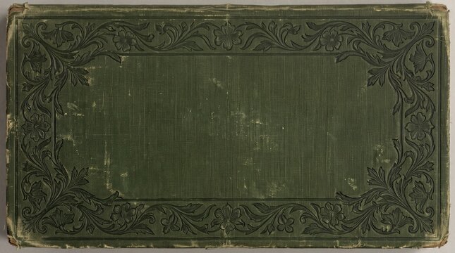 An antique, distressed green hardcover book with ornate embossed borders and a linen-like texture, hinting at a forgotten narrative within.