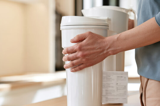 A hand is firmly grasping a modern water filter pitcher, highlighting its functionality and design elements in promoting a healthy lifestyle within the household environment.
